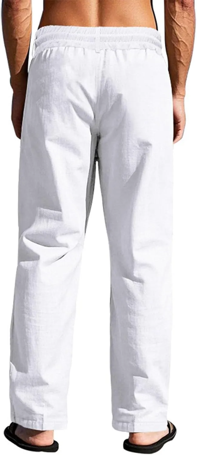 Men Linen Pants Fashion Button Lace up Elastic Waist Beach Casual Sweatpant Loose Comfy Plus Size Wide Leg Trouser