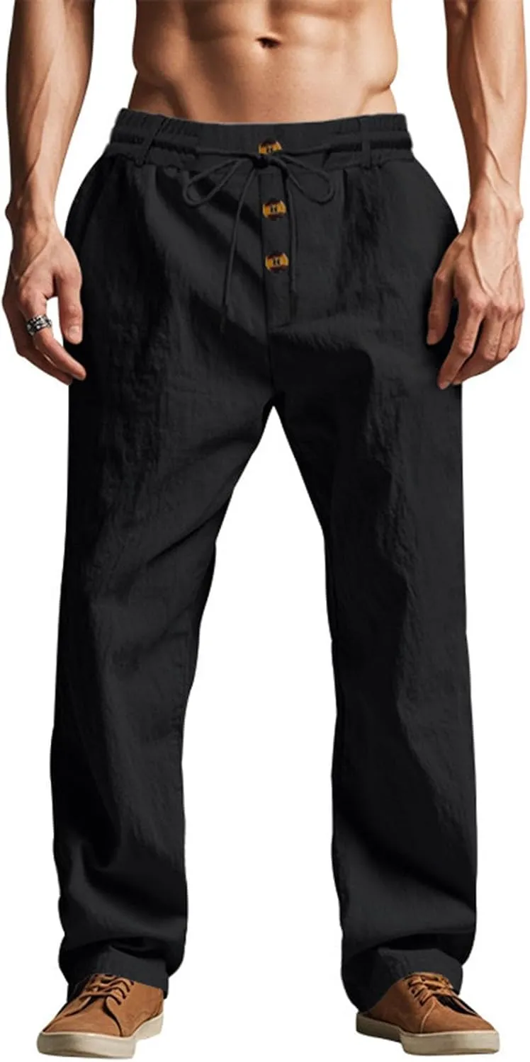 Men Linen Pants Fashion Button Lace up Elastic Waist Beach Casual Sweatpant Loose Comfy Plus Size Wide Leg Trouser
