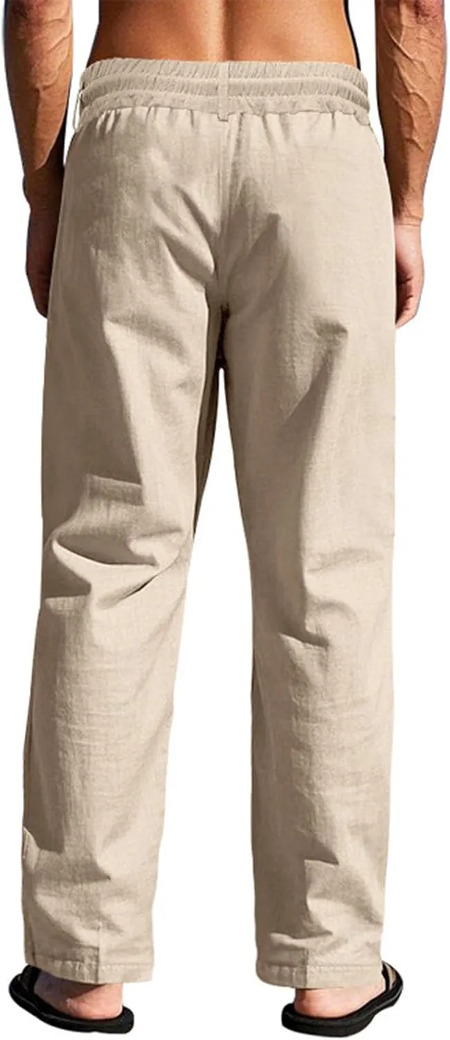 Men Linen Pants Fashion Button Lace up Elastic Waist Beach Casual Sweatpant Loose Comfy Plus Size Wide Leg Trouser