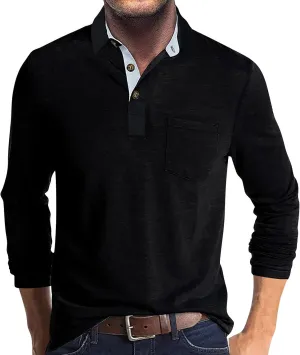 Men's 2025 Classic Fit Casual Short Sleeve Vintage Dual Tipped Collar Button Down Polo Shirt with Pocket