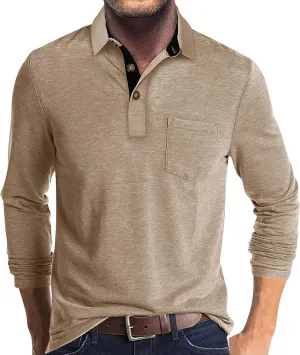 Men's 2025 Classic Fit Casual Short Sleeve Vintage Dual Tipped Collar Button Down Polo Shirt with Pocket