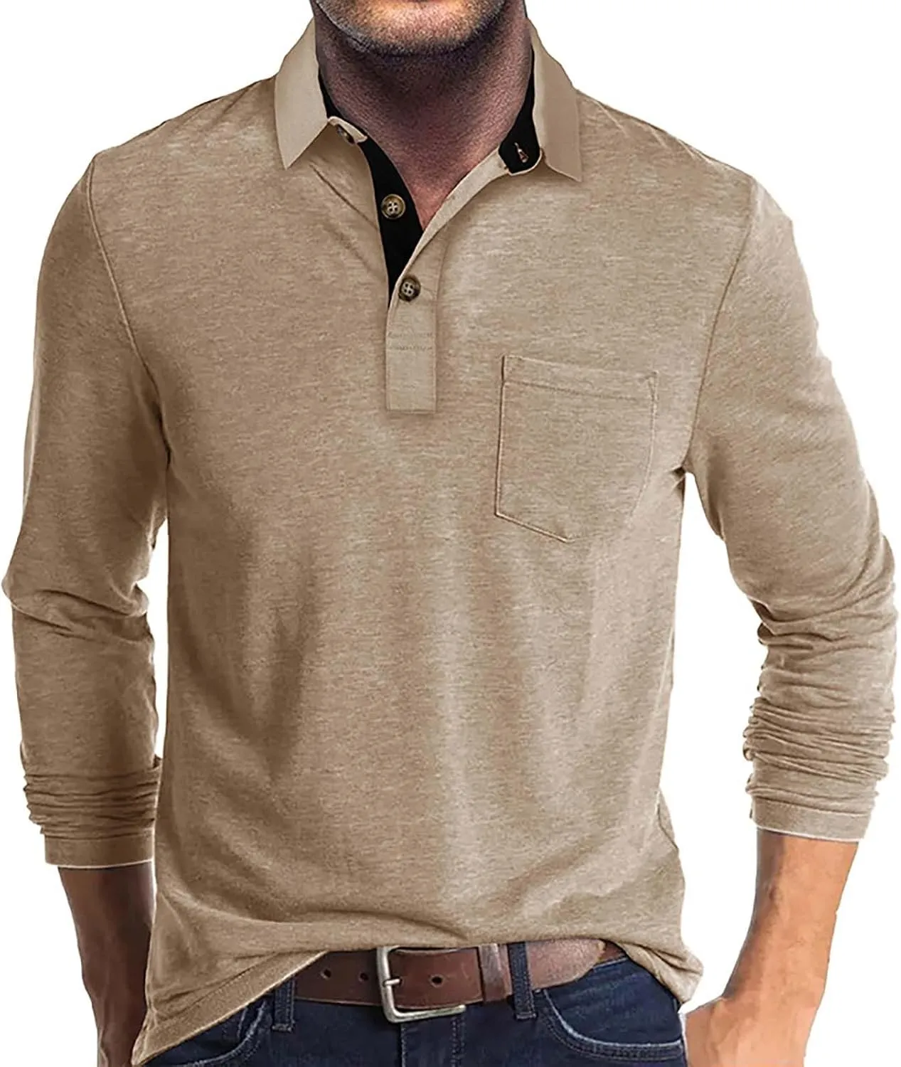 Men's 2025 Classic Fit Casual Short Sleeve Vintage Dual Tipped Collar Button Down Polo Shirt with Pocket