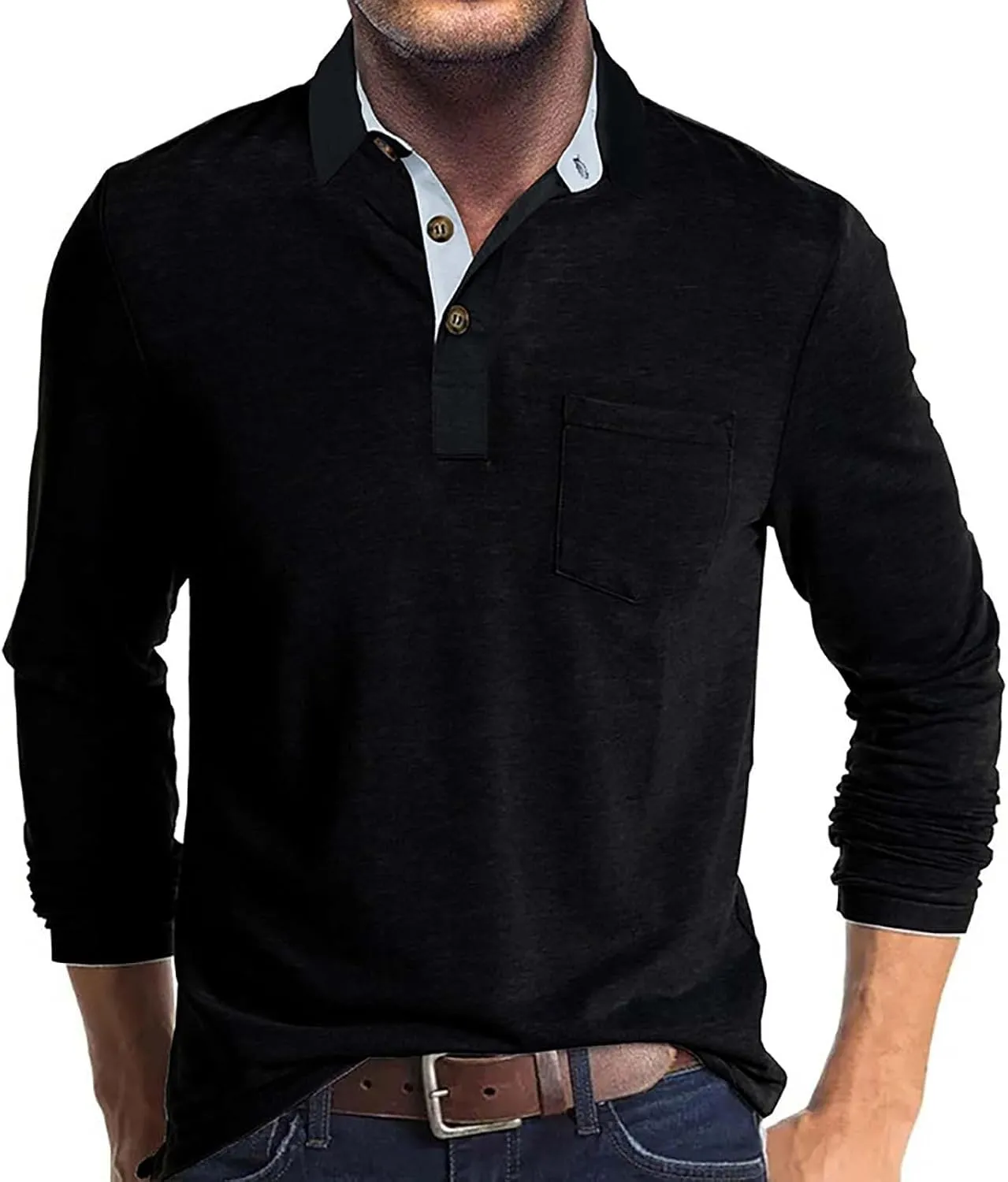 Men's 2025 Classic Fit Casual Short Sleeve Vintage Dual Tipped Collar Button Down Polo Shirt with Pocket
