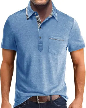 Men's 2025 Classic Fit Casual Short Sleeve Vintage Dual Tipped Collar Button Down Polo Shirt with Pocket