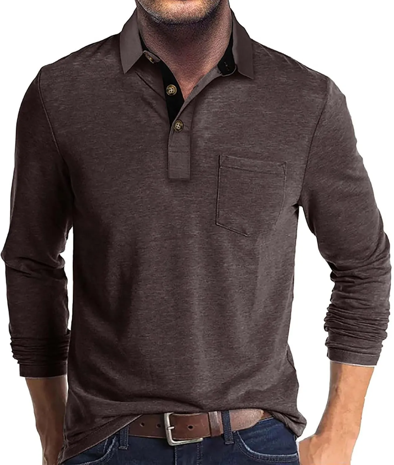 Men's 2025 Classic Fit Casual Short Sleeve Vintage Dual Tipped Collar Button Down Polo Shirt with Pocket