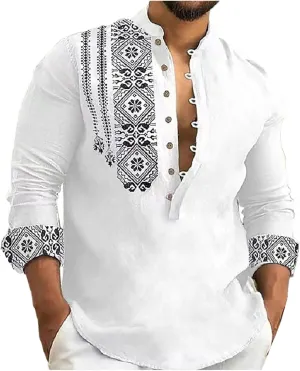 Mens Button Up Cotton Linen Henley Shirt Long Sleeve Hippie Casual African Print Tshirts Band Collar Beach Fall Tops