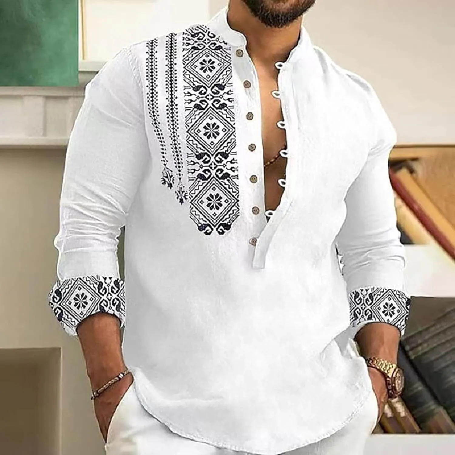 Mens Button Up Cotton Linen Henley Shirt Long Sleeve Hippie Casual African Print Tshirts Band Collar Beach Fall Tops