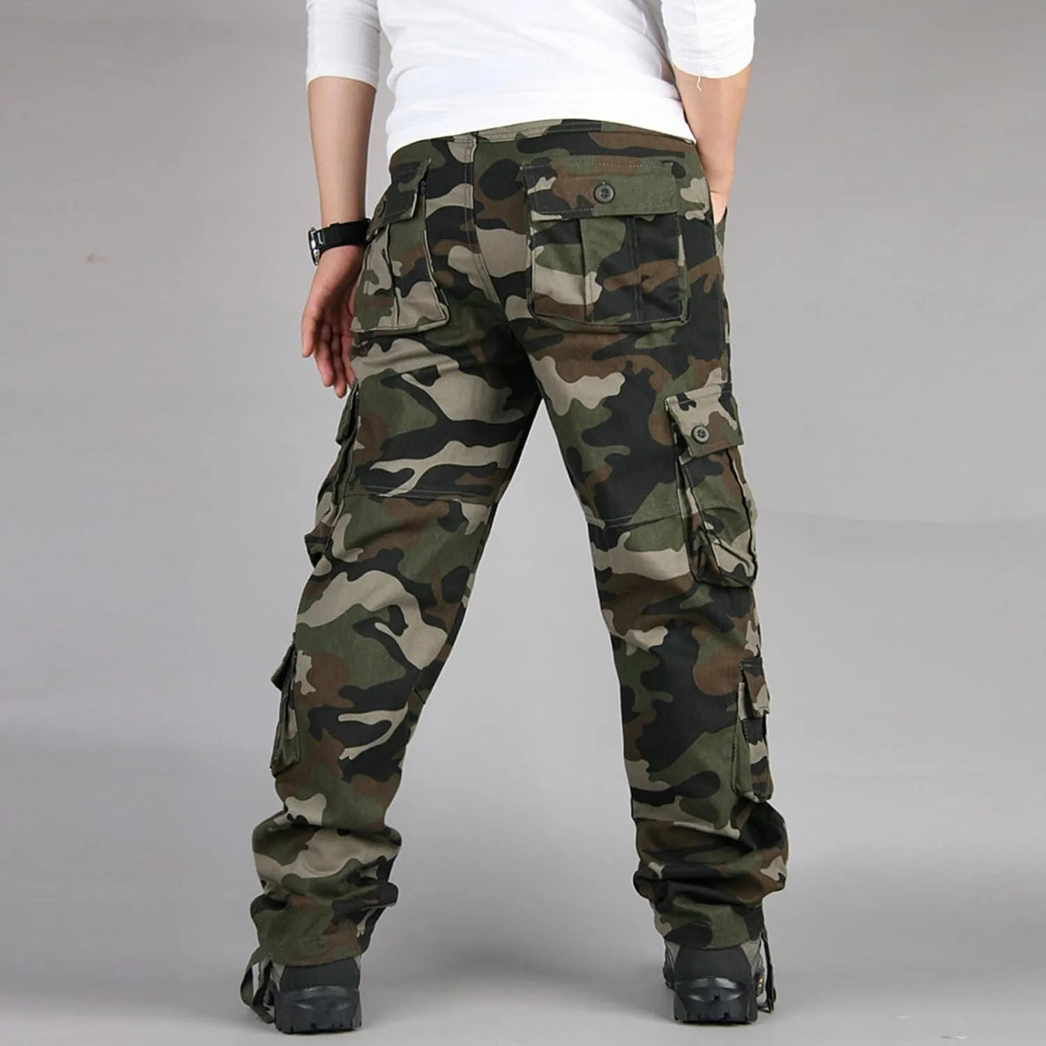 Mens Camo Cargo Pants with Multi Pockets Tactical Cotton Hiking Outdoor Casual Work Loose Combat Athletic Pant