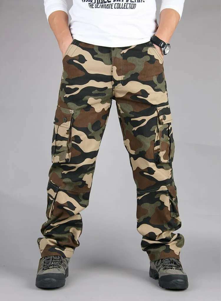 Mens Camo Cargo Pants with Multi Pockets Tactical Cotton Hiking Outdoor Casual Work Loose Combat Athletic Pant