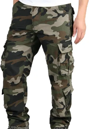 Mens Camo Cargo Pants with Multi Pockets Tactical Cotton Hiking Outdoor Casual Work Loose Combat Athletic Pant