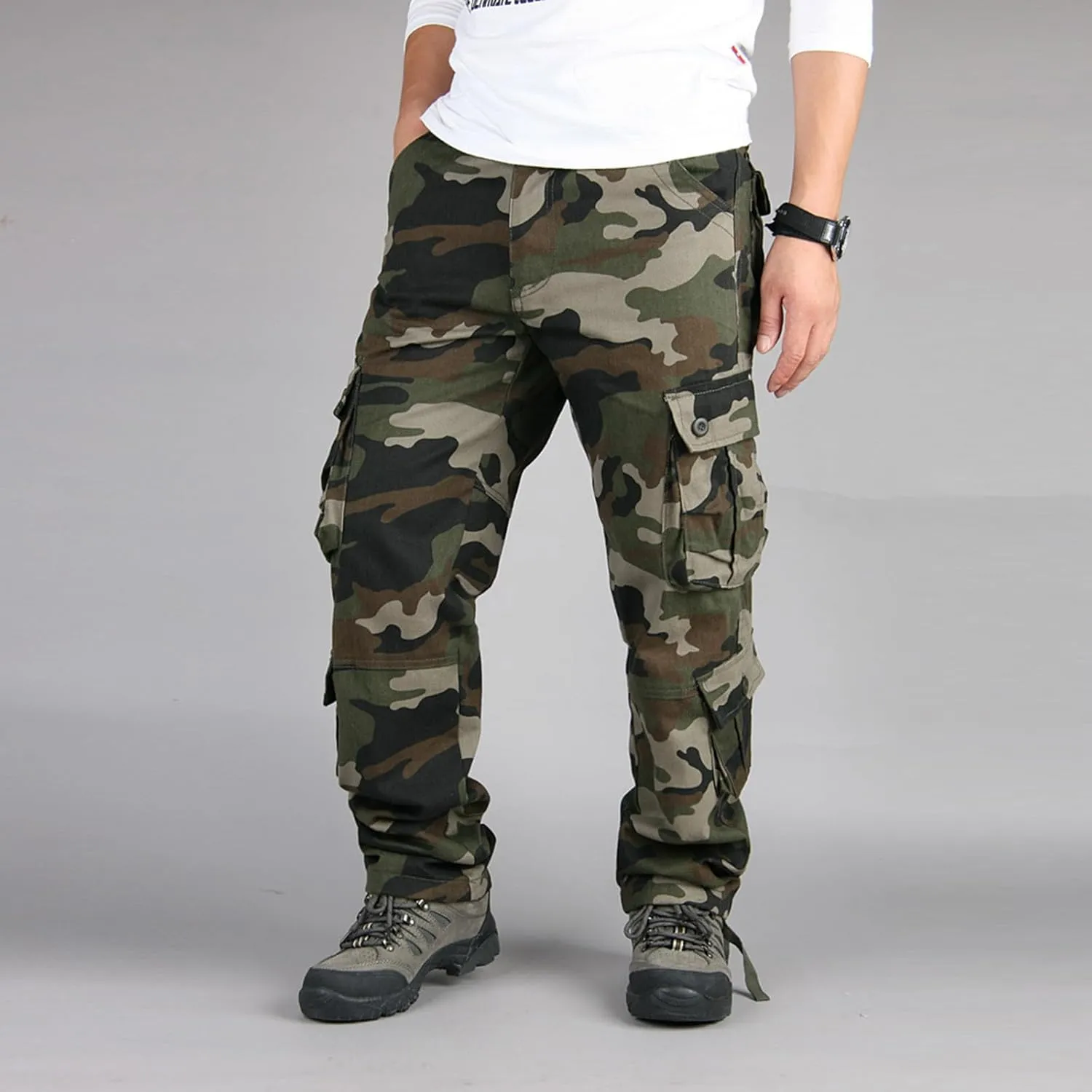 Mens Camo Cargo Pants with Multi Pockets Tactical Cotton Hiking Outdoor Casual Work Loose Combat Athletic Pant