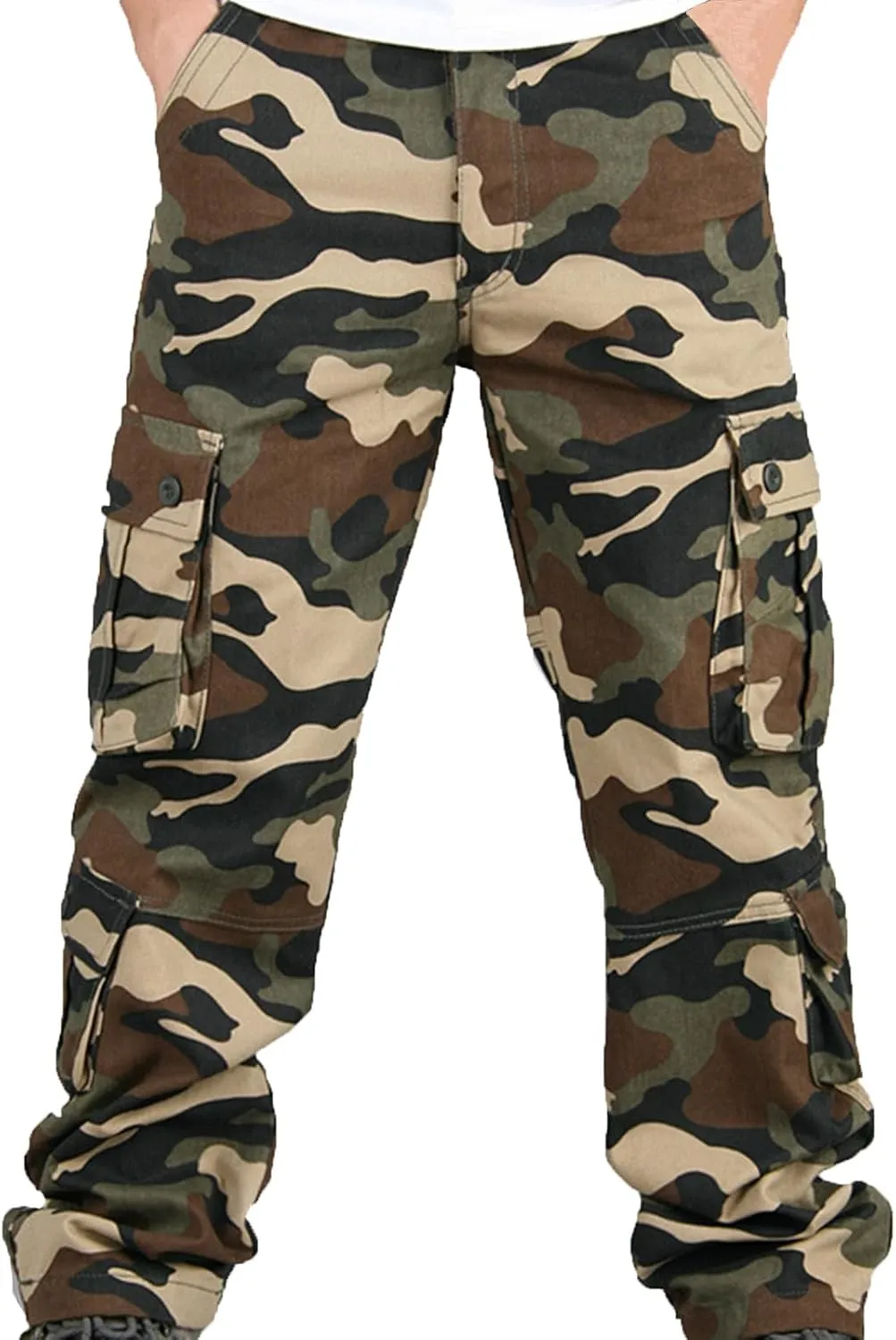 Mens Camo Cargo Pants with Multi Pockets Tactical Cotton Hiking Outdoor Casual Work Loose Combat Athletic Pant
