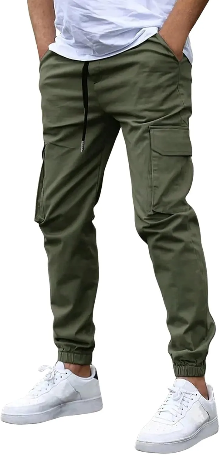 Mens Cargo Joggers Slim Fit Drawstring Waist Hiking Pants Lightweight Outdoor Tapered Leg Joggers with Pockets