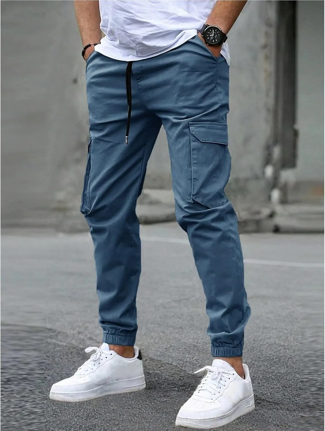 Mens Cargo Joggers Slim Fit Drawstring Waist Hiking Pants Lightweight Outdoor Tapered Leg Joggers with Pockets