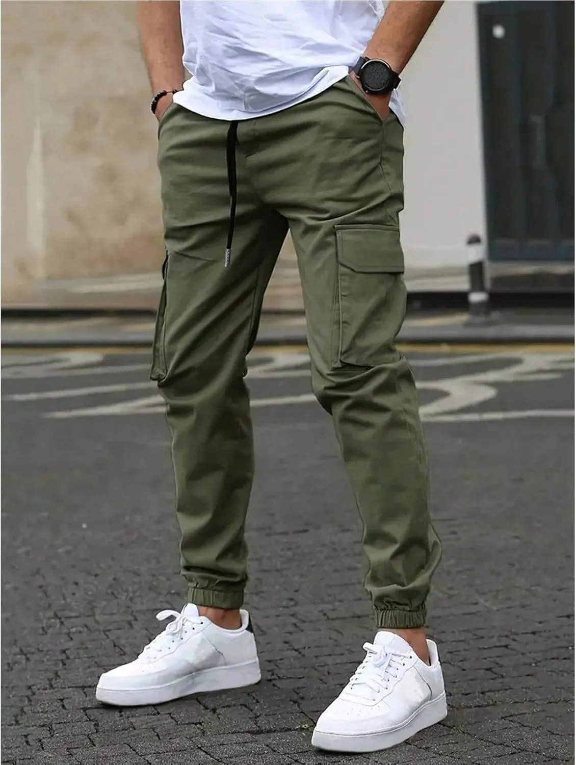 Mens Cargo Joggers Slim Fit Drawstring Waist Hiking Pants Lightweight Outdoor Tapered Leg Joggers with Pockets