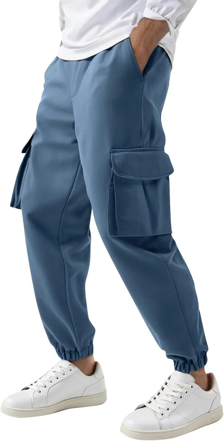 Mens Cargo Joggers Slim Fit Drawstring Waist Hiking Pants Lightweight Outdoor Tapered Leg Joggers with Pockets