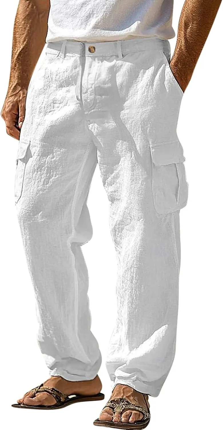Mens Cargo Pants Lightweight Loose Comfy Linen Trousers Casual Multiple Pockets Work Hiking Pants Outdoor Slacks