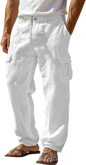 Mens Cargo Pants Lightweight Loose Comfy Linen Trousers Casual Multiple Pockets Work Hiking Pants Outdoor Slacks