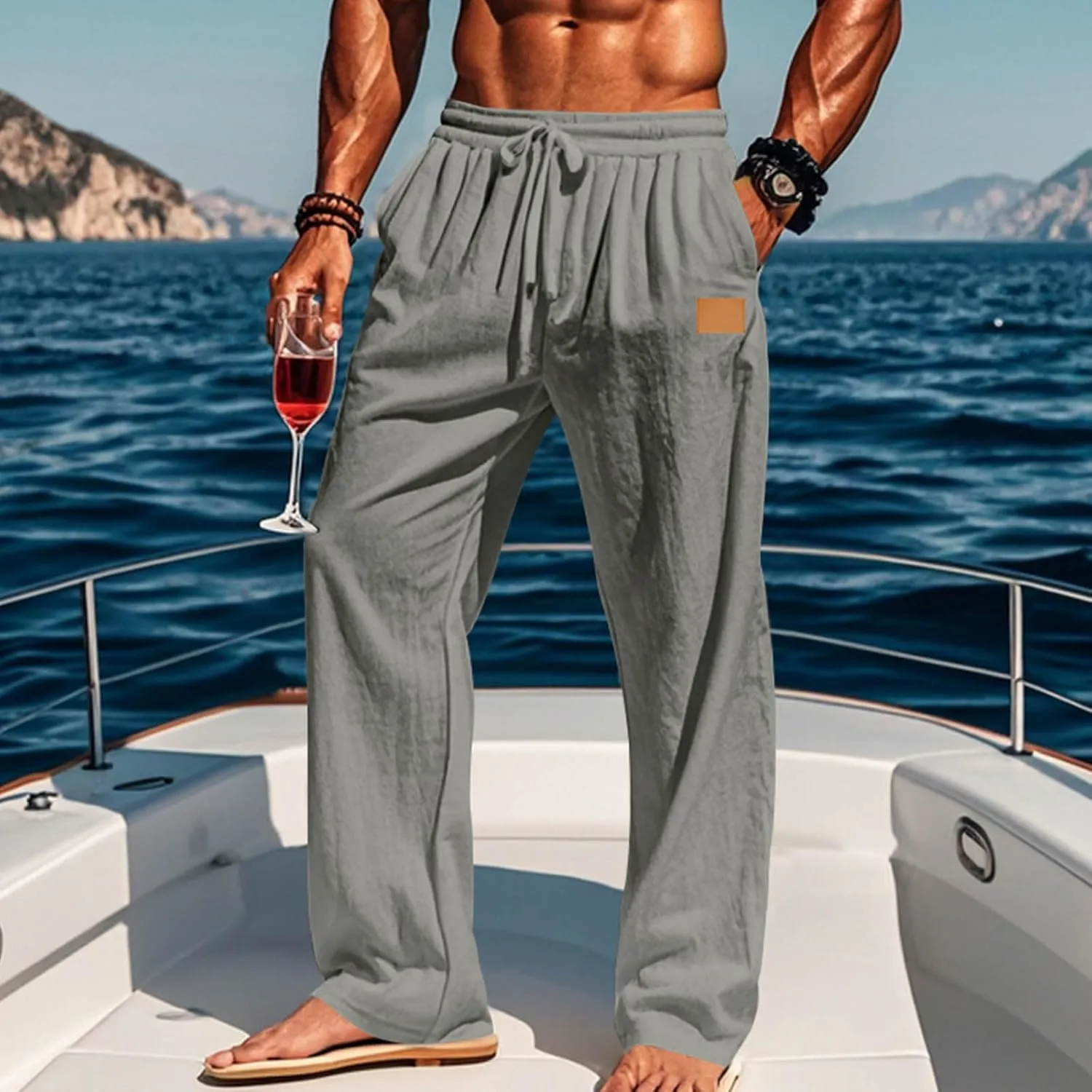 Mens Casual Cotton Linen Pants Regular Fit Elastic Waist Trousers Lightweight Pleated Wide Leg Linen Pant Drawstring