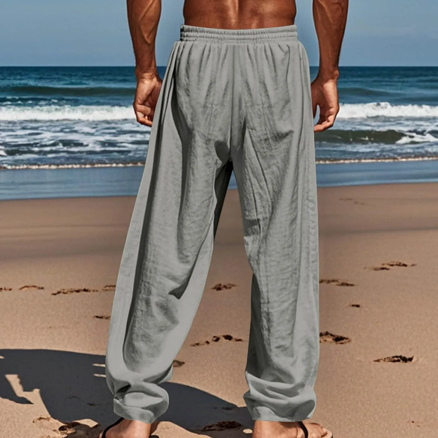 Mens Casual Cotton Linen Pants Regular Fit Elastic Waist Trousers Lightweight Pleated Wide Leg Linen Pant Drawstring