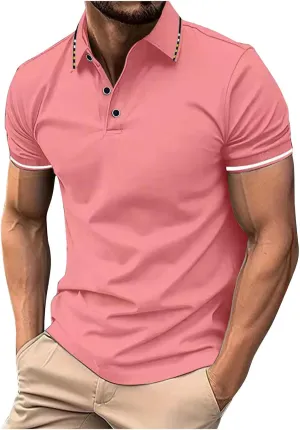 Mens Casual Polo T Shirt Zipper Button Pullover Tops Patchwork Short Sleeve Blouse Classic Golf Shirt