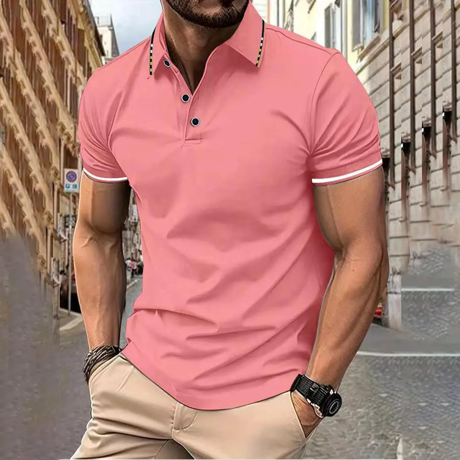Mens Casual Polo T Shirt Zipper Button Pullover Tops Patchwork Short Sleeve Blouse Classic Golf Shirt