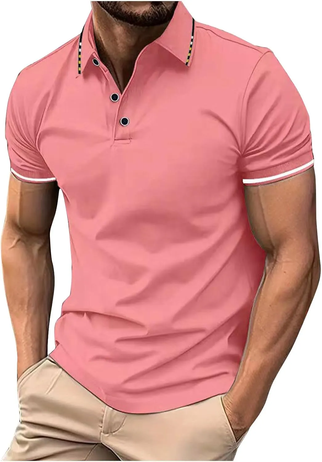 Mens Casual Polo T Shirt Zipper Button Pullover Tops Patchwork Short Sleeve Blouse Classic Golf Shirt