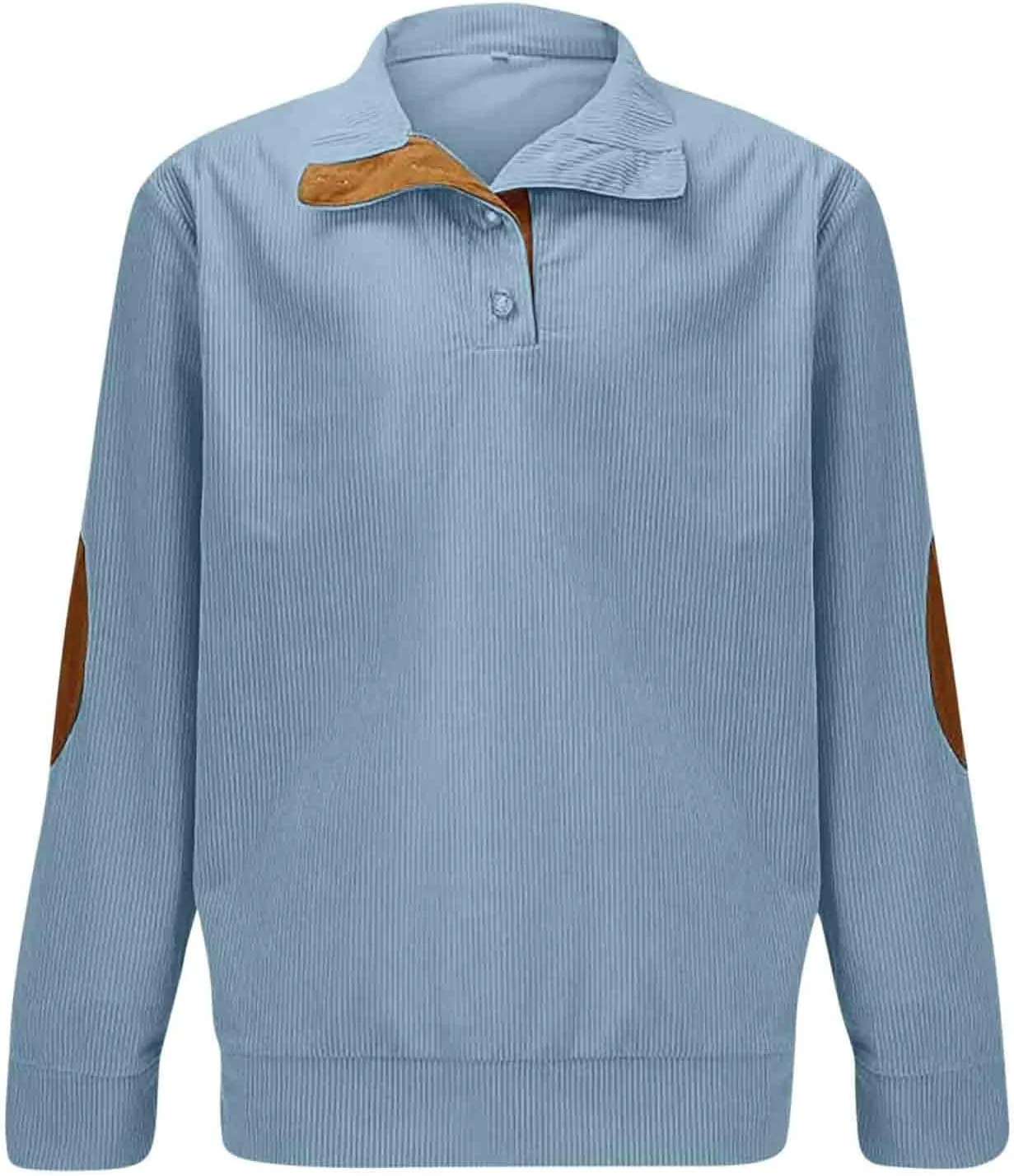 Mens Corduroy Sweatshirts Elbow Patches Long Sleeve Stand Collar 1/4 Button Up Pullover Sweaters Color Block Tops