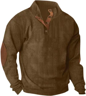 Mens Corduroy Sweatshirts Elbow Patches Long Sleeve Stand Collar 1/4 Button Up Pullover Sweaters Color Block Tops
