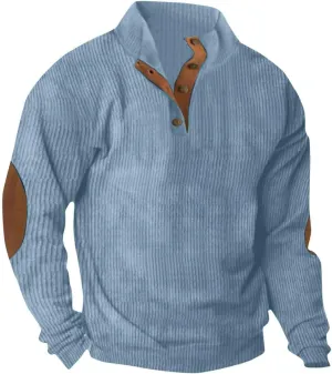 Mens Corduroy Sweatshirts Elbow Patches Long Sleeve Stand Collar 1/4 Button Up Pullover Sweaters Color Block Tops