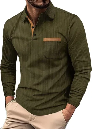 Men's Cotton Jersey Long-Sleeve Polo Shirt Men's Fashion Loose Lapel Classic Polo Shirts Button Down Golf Shirts