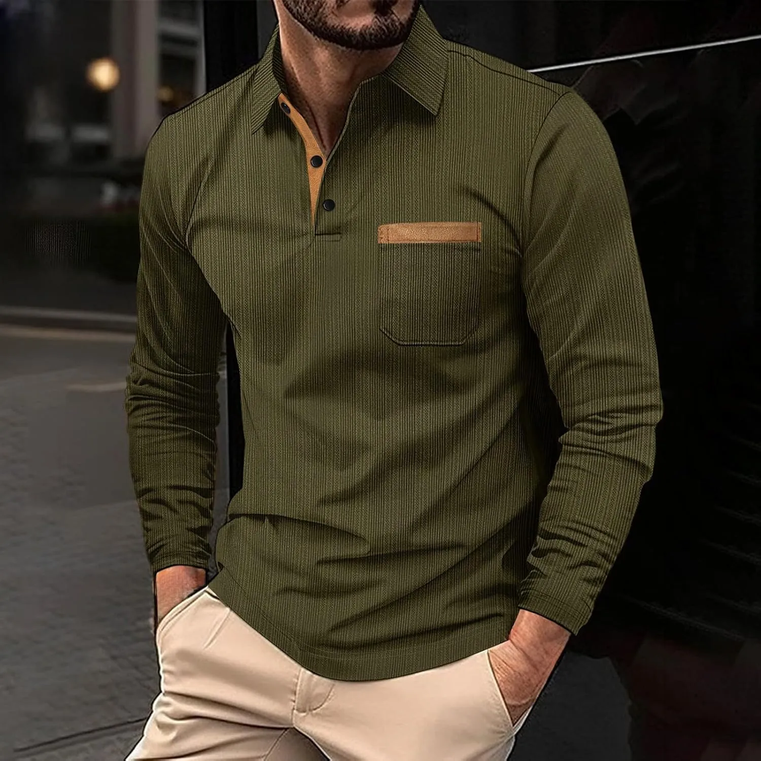 Men's Cotton Jersey Long-Sleeve Polo Shirt Men's Fashion Loose Lapel Classic Polo Shirts Button Down Golf Shirts