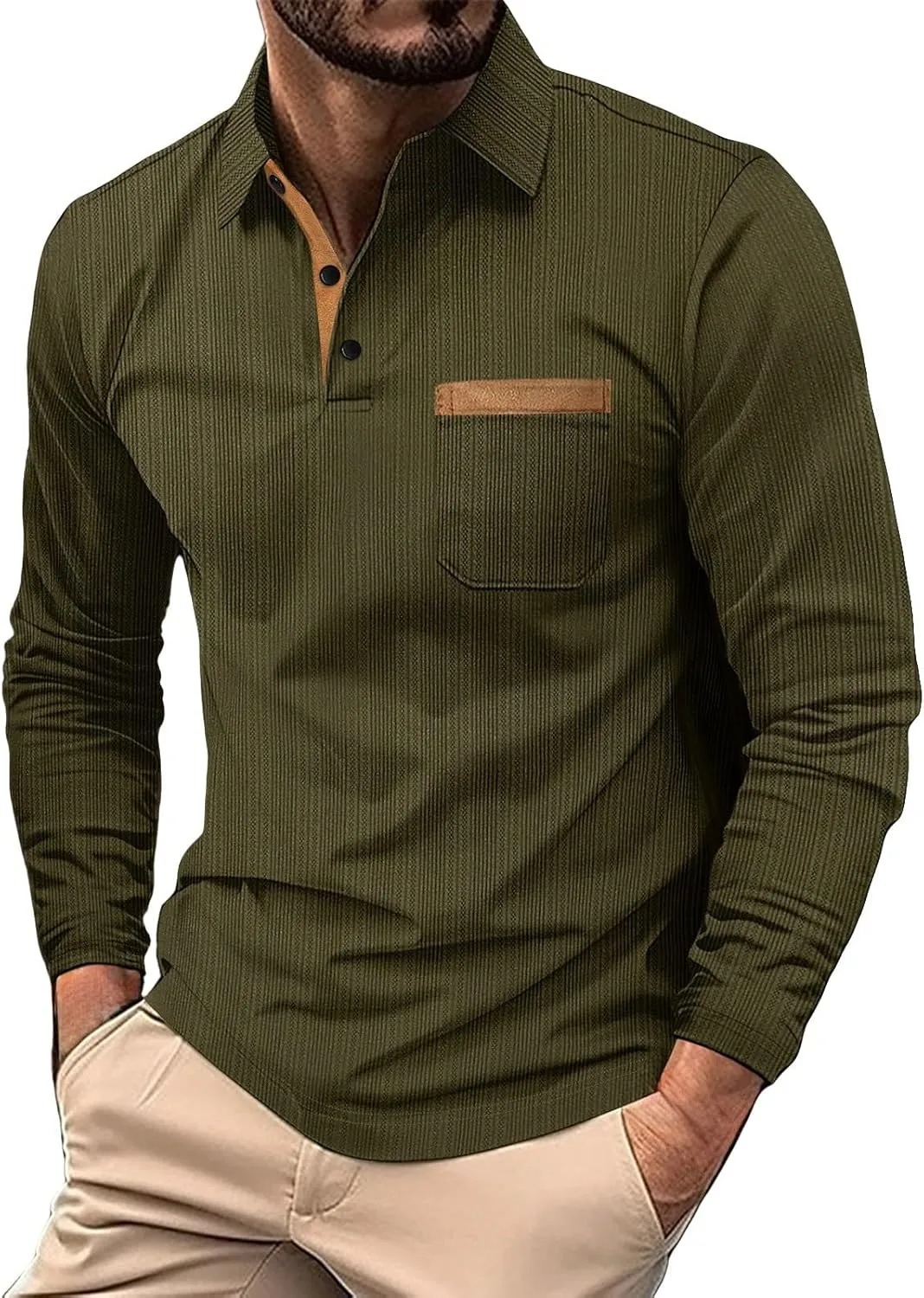 Men's Cotton Jersey Long-Sleeve Polo Shirt Men's Fashion Loose Lapel Classic Polo Shirts Button Down Golf Shirts