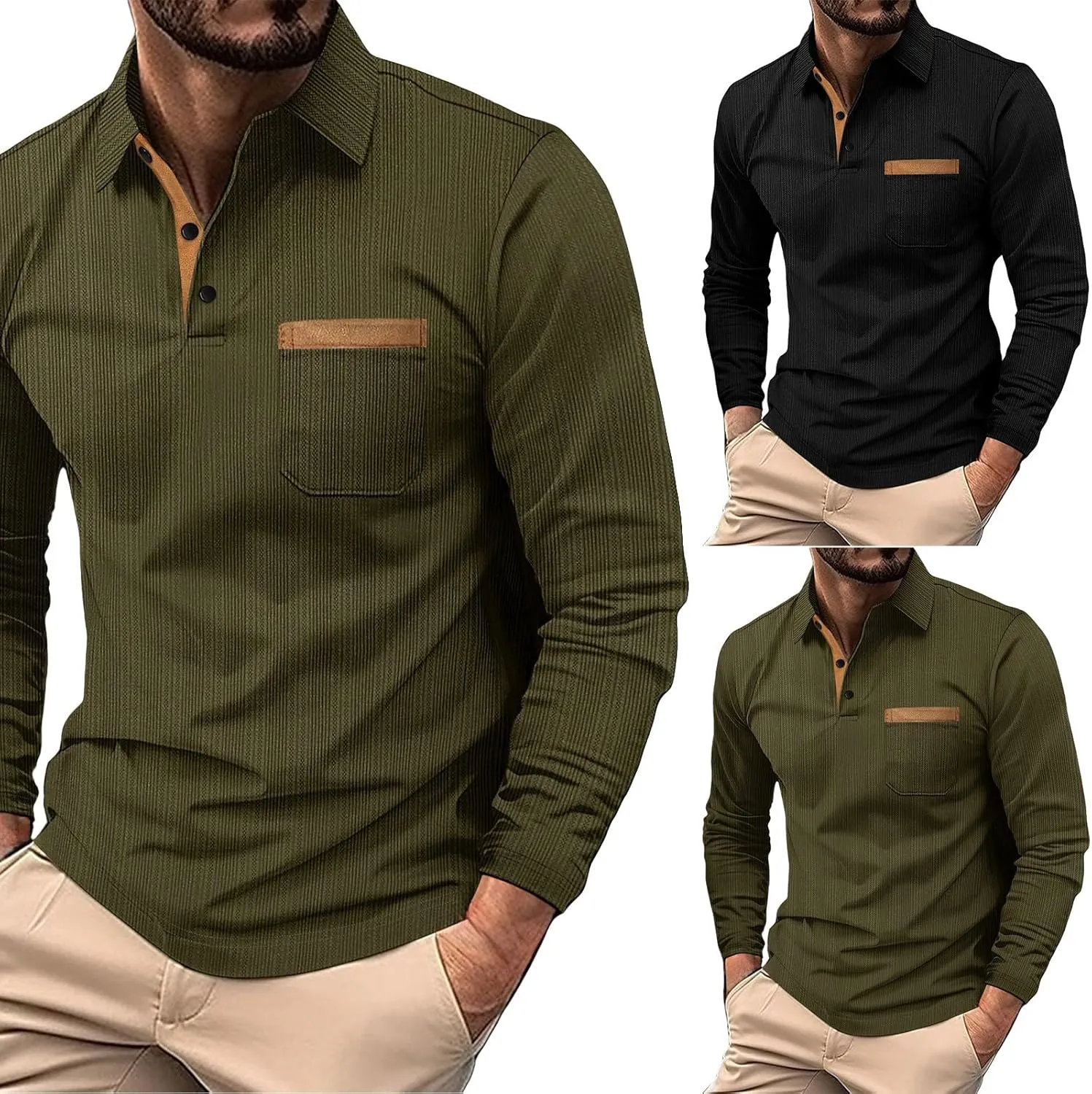 Men's Cotton Jersey Long-Sleeve Polo Shirt Men's Fashion Loose Lapel Classic Polo Shirts Button Down Golf Shirts