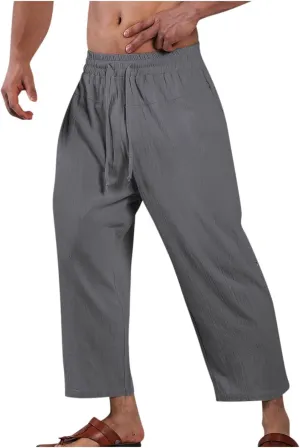 Mens Cotton Linen Drawstring Elastic Waist Casual Jogger Yoga Pants Slim Fit Lounge Cropped Pants Workout Pants