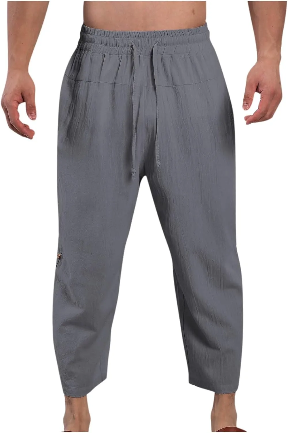 Mens Cotton Linen Drawstring Elastic Waist Casual Jogger Yoga Pants Slim Fit Lounge Cropped Pants Workout Pants
