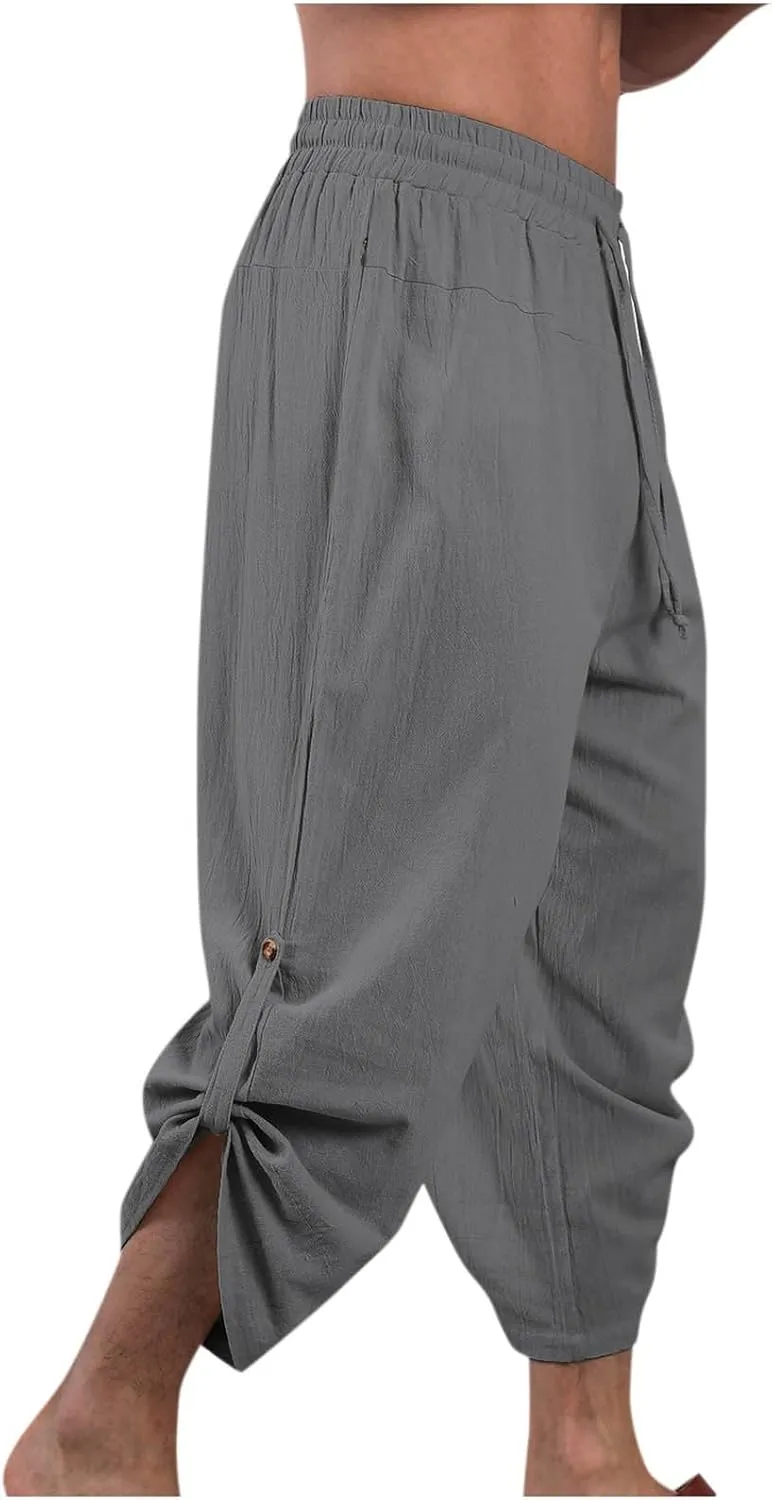 Mens Cotton Linen Drawstring Elastic Waist Casual Jogger Yoga Pants Slim Fit Lounge Cropped Pants Workout Pants