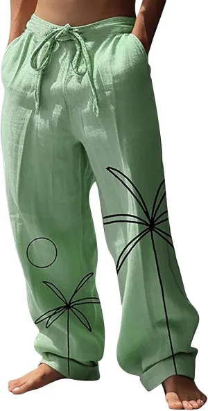Mens Cotton Linen Drawstring Harem Pants Lightweight Loose Fit Wide Leg Hawaiian Jogger Yoga Beach Long Trousers