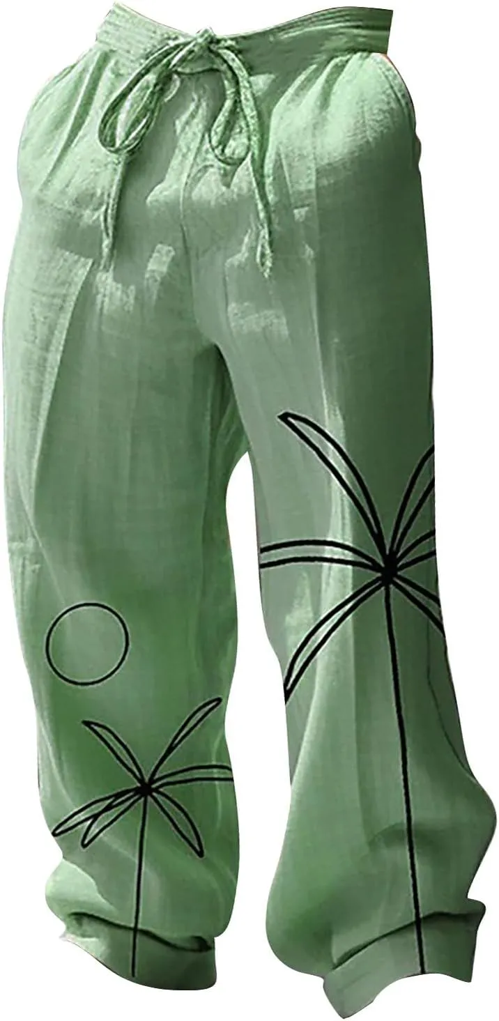 Mens Cotton Linen Drawstring Harem Pants Lightweight Loose Fit Wide Leg Hawaiian Jogger Yoga Beach Long Trousers