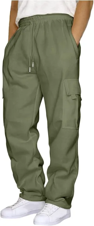 Men's Fleece Cargo Sweatpants Solid Color Running Fitness Pants Sweatpants Track Joggers Open Bottom Athletic Pants