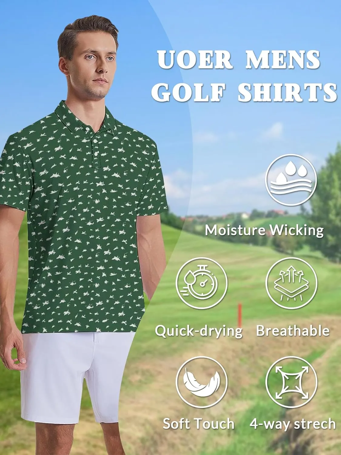 Men's Golf Shirts Moisture Wicking Quick Dry Performance Golf Polo Shirts for Men Fashion Print Short Sleeve Polo Shirts