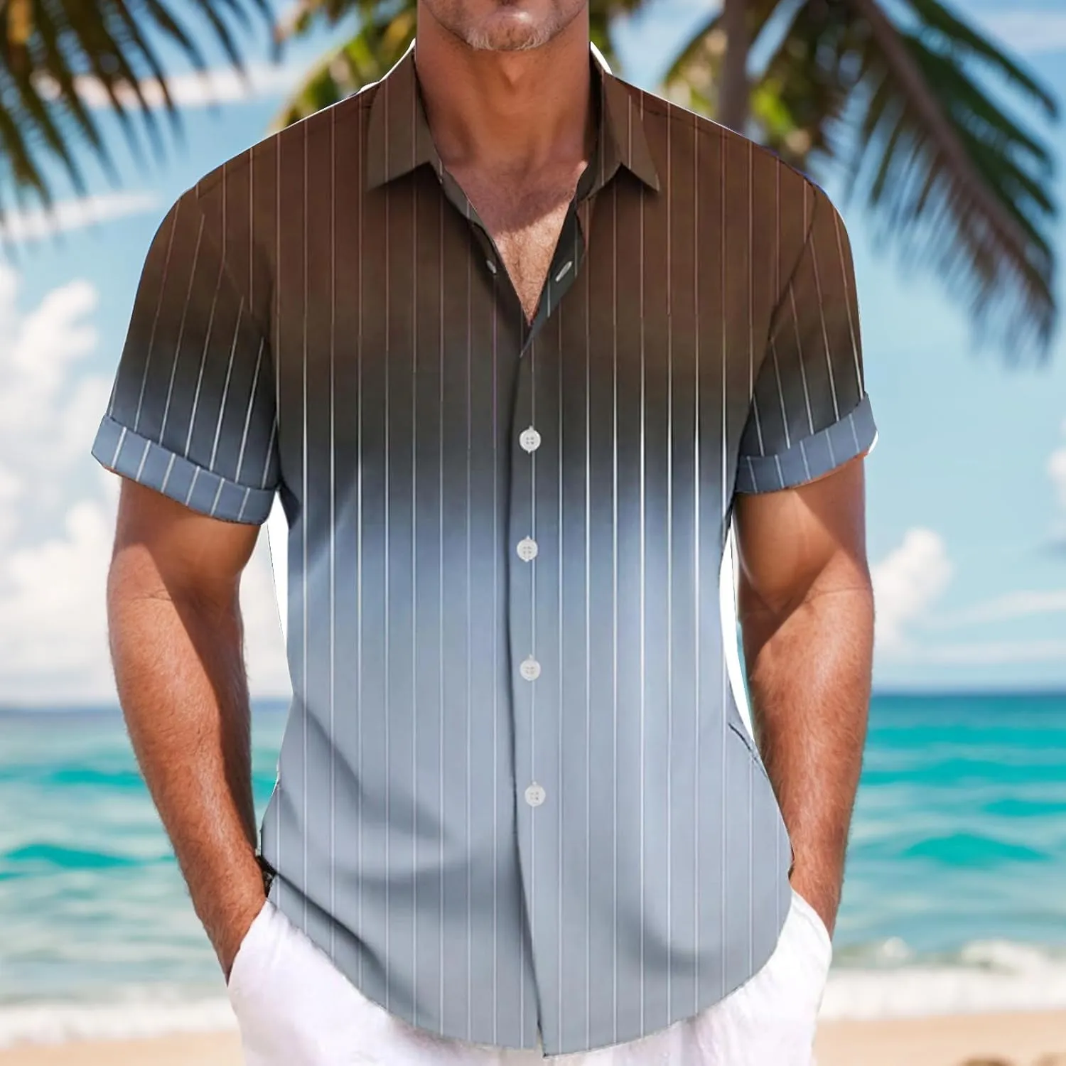 Men's Gradient Linen Shirts Short Sleeve Button Down Shirt Hawaiian Summer Beach Casual T Shirts Wedding Shirt for Men