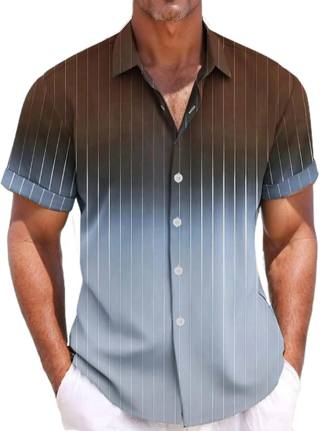 Men's Gradient Linen Shirts Short Sleeve Button Down Shirt Hawaiian Summer Beach Casual T Shirts Wedding Shirt for Men