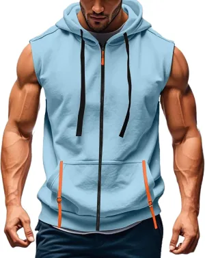 Mens Gym Top Streetwear Full Zip Hoodies Fashion Casual Muscle Fit Hooded Jacket for Basketball Workout Outdoor Cargo Vest Sweatshirt with Kangaroos Pockets