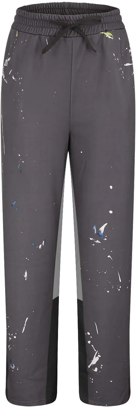 Mens Hip Hop Stacked Sweatpants Drawstring All Over Print Flared Bell Bottom Pants Y2K Patchwork Athletic Track Pants