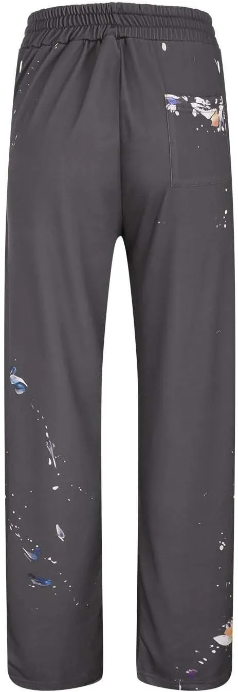 Mens Hip Hop Stacked Sweatpants Drawstring All Over Print Flared Bell Bottom Pants Y2K Patchwork Athletic Track Pants