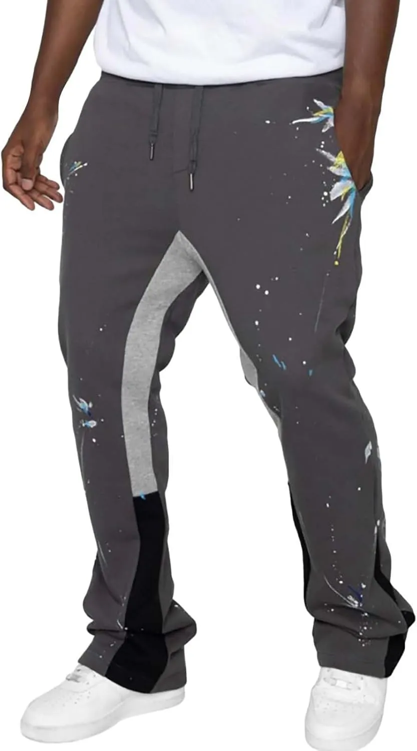 Mens Hip Hop Stacked Sweatpants Drawstring All Over Print Flared Bell Bottom Pants Y2K Patchwork Athletic Track Pants