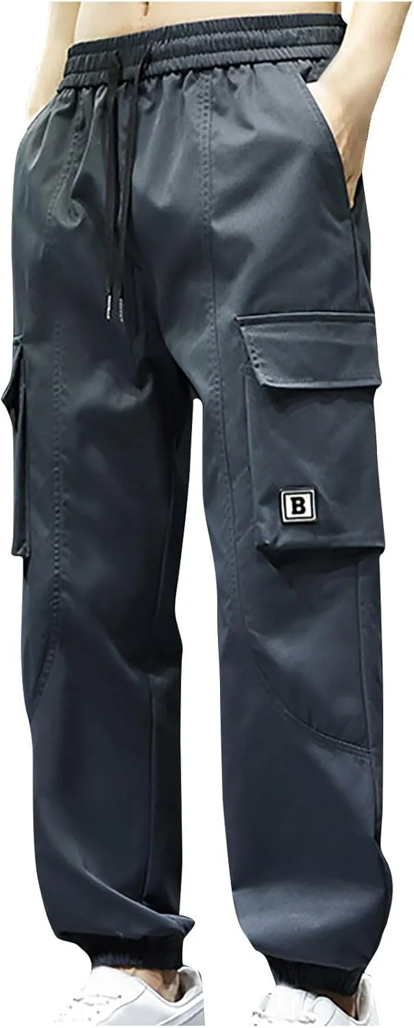 Mens Joggers Cargo Pants Elastic Waist Drawstring Fashion Stretch Tapered Sweatpants Casual Work Chino Pants Multi Pockets