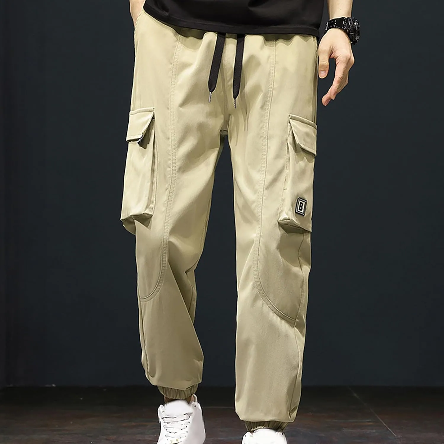 Mens Joggers Cargo Pants Elastic Waist Drawstring Fashion Stretch Tapered Sweatpants Casual Work Chino Pants Multi Pockets