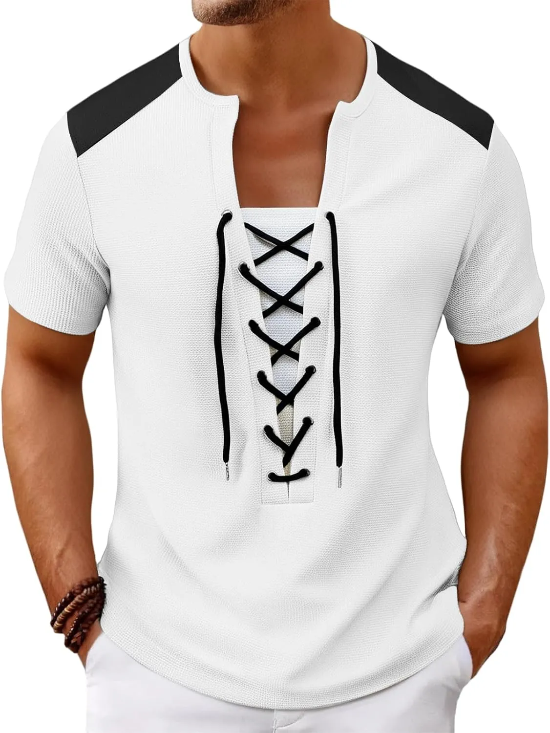Mens Lace Up Renaissance Shirts Short Sleeve Color Block Viking Steampunk Pirate Shirt Retro Hippie Beach Tee Shirts